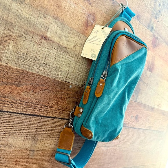 NWT Unisex TSD Brand Canna Canvas Sling Bag - Teal - Picture 9 of 9